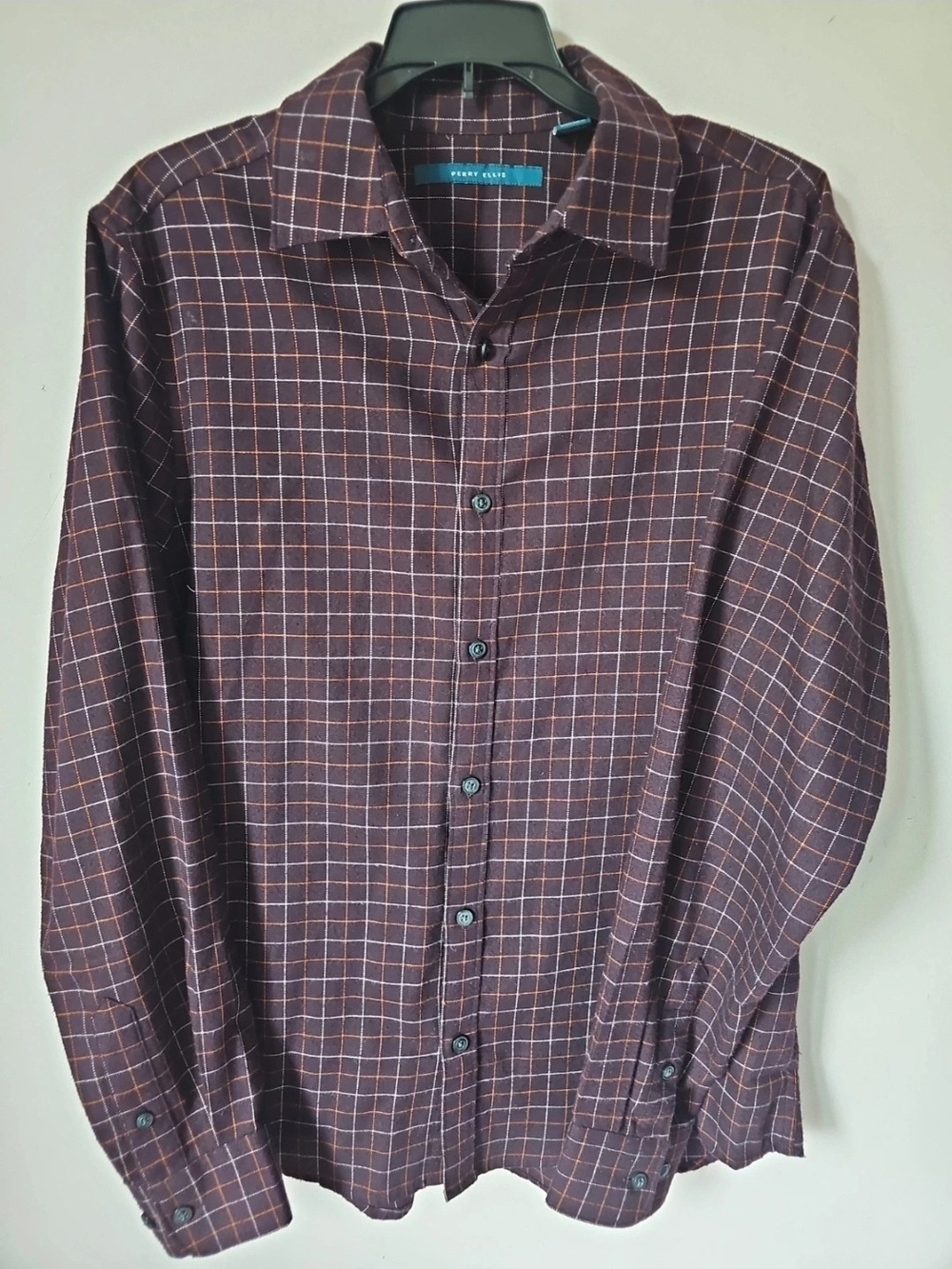 Perry Ellis Maroon Windowpane Long-Sleeve Button-Down Shirt